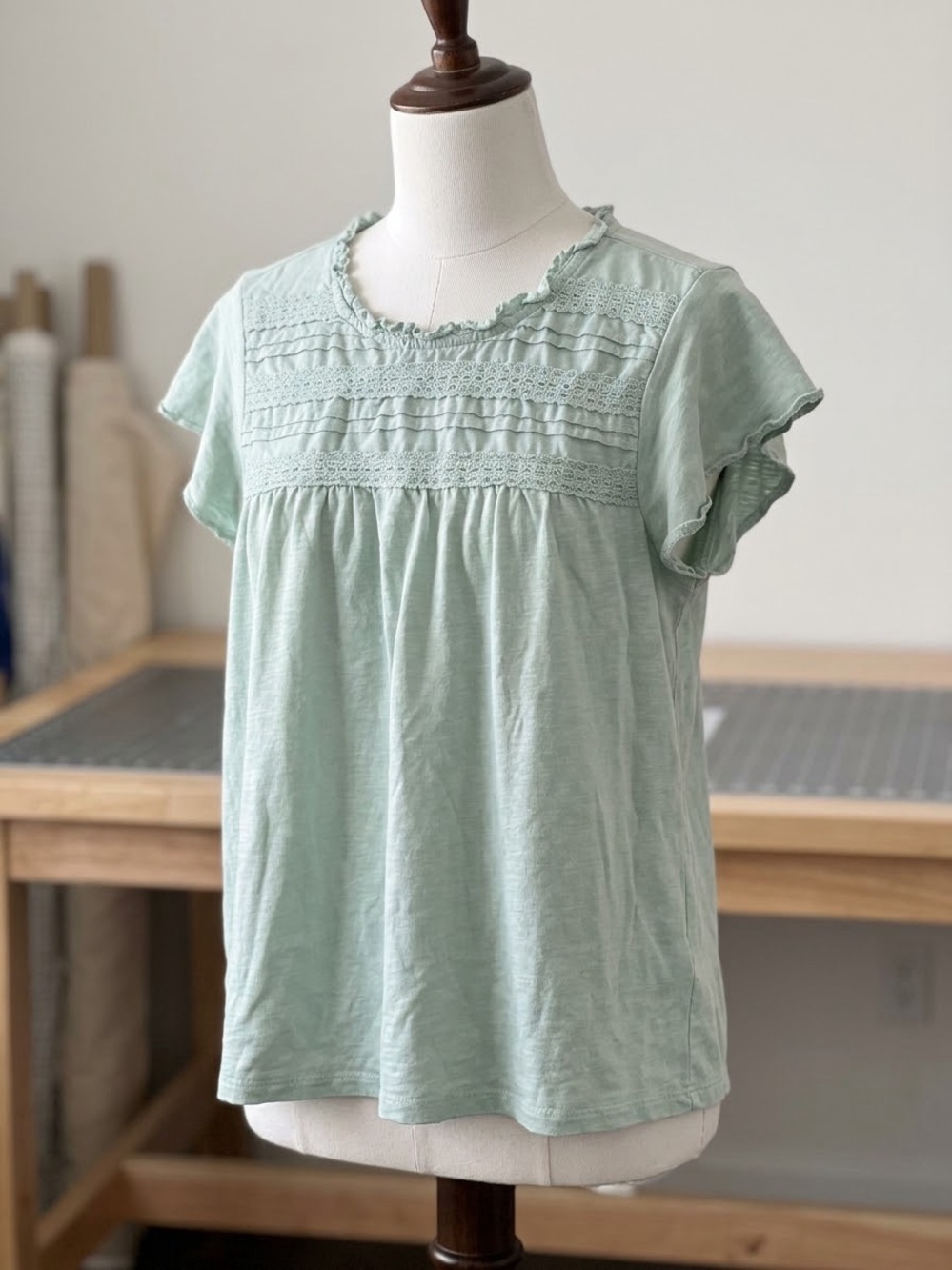 Ella Moss Sage Green Crochet Yoke Short Sleeve Tee